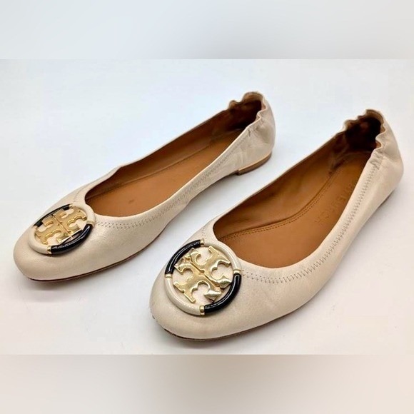 Tory Burch Eleanor Ballet Flats Cream Leather Gold Logo Round Toe Women 8.5M